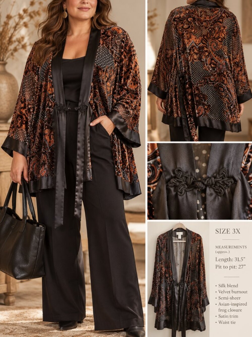 Soft Surroundings 3X Silk Velvet Paisley Burnout Kimono Topper Frog Closure